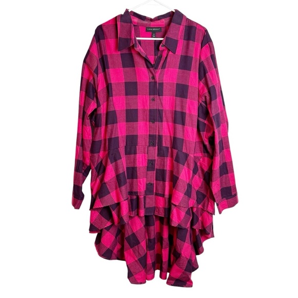 Lane Bryant Red and Black Buffalo Check Plaid Peplum High Low Top - Picture 1 of 9